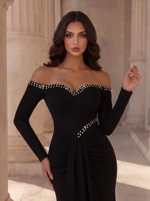 Coutiva Women's Rhinestone Decorated Off-Shoulder Long Sleeve Fitted Elegant Formal Evening Gown (Heavy Embellished) - Black - View 6