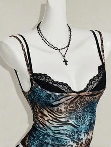 SHEIN ICON 女款豹紋透視細肩帶上衣搭配黑色蕾絲內衣 2件組 - 彩色 - 查看 3