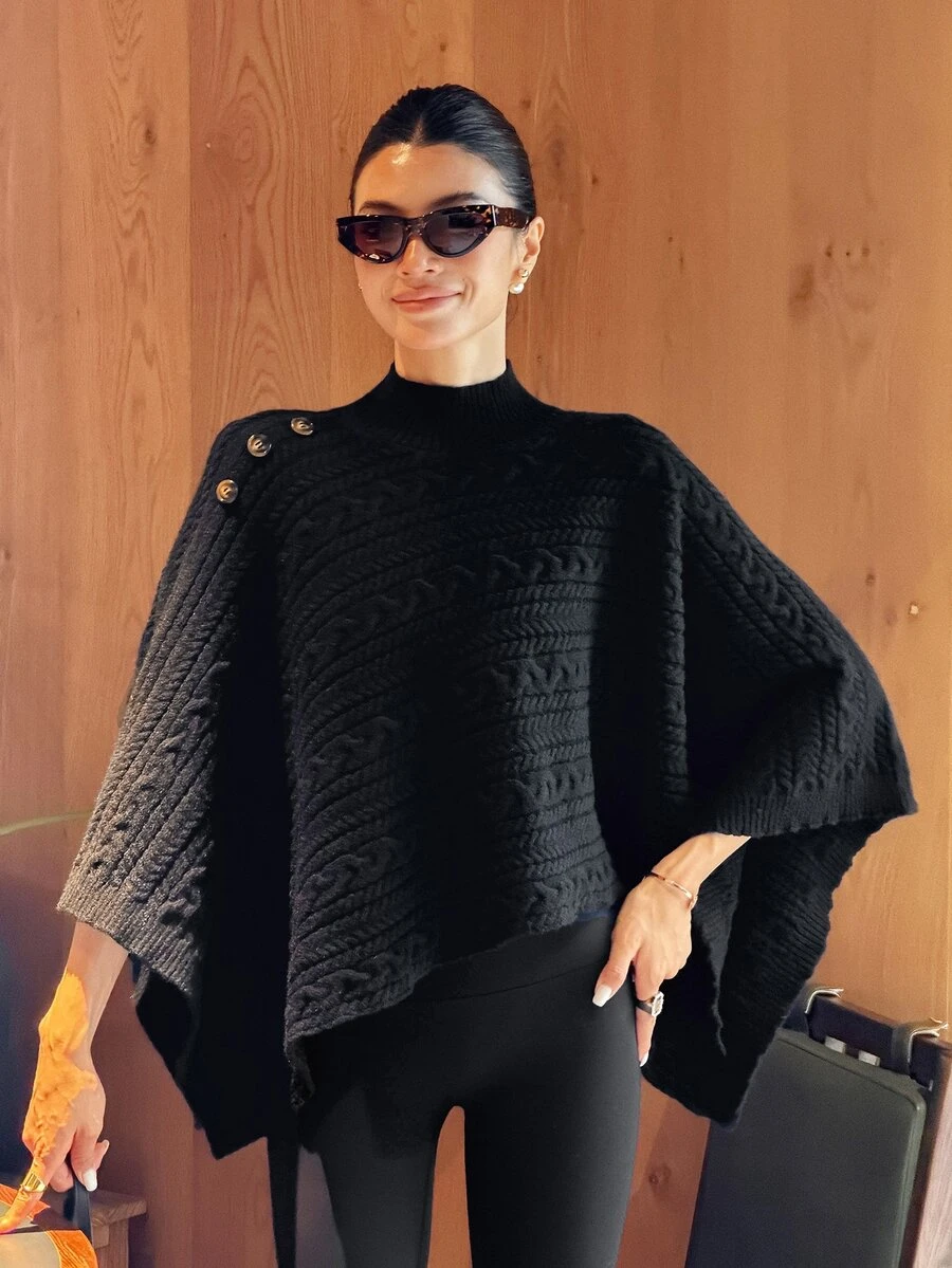 DAZY 女款麻花編織高領鈕扣針織上衣街頭風 - 黑色 - 查看 1