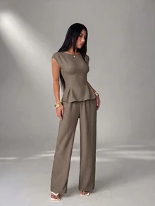 SHEIN PETITE Women's Solid Color Pleated Top And Pants Casual Daily 2 Pieces Set - Coffee Brown - View 8