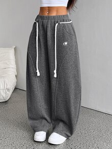 SHEIN PETITE 女款淺灰色冬季運動休閒健身運動褲，秋季街頭風返校學院風休閒彈性腰帶弧形下擺寬腿長褲 - 深灰色 - 查看 8