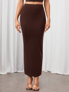 SHEIN Tall 純色鉛筆裙黑色緊身裙，適合高個女性 - 咖啡棕 - 查看 1