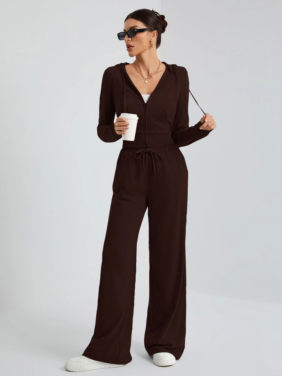 SHEIN Tall 休閒街頭風灰色連帽前中拉鍊修身上衣 + 寬腿長褲兩件套,適合高個女性 - 咖啡棕 - 查看 1