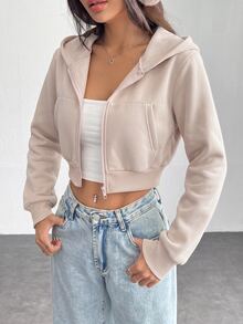 SHEIN PETITE 女款純色前拉鍊長袖口袋極簡連帽外套，休閒日常穿著，畢業季長袖上衣，秋冬返校穿搭，畢業季女裝，教師專業服飾，秋冬返校服飾 - 卡其色 - 查看 7