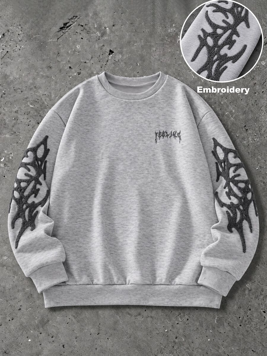 SHEIN Coolqubz Áo nỉ cổ tròn thêu họa tiết phong cách đường phố tối giản cho bé trai tuổi teen, áo nỉ dệt kim, chất vải thoải mái, form dáng độc đáo, mẫu mới thu đông - Xám - Xem 1