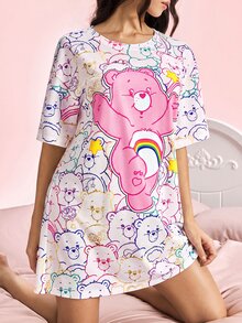 SHEIN X Care Bears 女款卡通印花圓領睡裙，適合日常穿著 - 粉色 - 查看 7