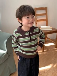 DAZY Infant (Boy) Turn-Down Collar Striped Korean Style Long Sleeve Autumn/Winter Sweater - Dark Green - View 5