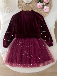 SHEIN Playful Pals 1件女童酒紅色圓領綴珠長袖星星網紗下擺洋裝，清新優雅甜美風，適合秋冬日常與派對場合 - 紅色 - 查看 2