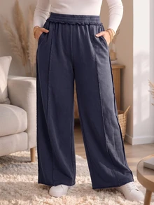 Rosumi Women's Plus Size Solid Color Casual Daily Wear Long Pants Fall Winter 2026 Loose-Fitting Dark Blue Washed Trousers - Blue - View 6