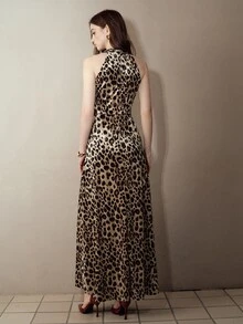 MOTF PREMIUM DEEP V-NECK LEOPARD PRINT BEADED EMBELLISHED DRESS - Brown - View 6