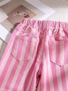 SHEIN Playful Pals Girls' Denim Jeans, All-Season New Style, Cute Vintage Pink Denim, Elastic Waistband Design, Pink And Magenta Colorblock Striped All-Over Print, Straight Leg Wide Leg Fit, Fashionable Versatile, Soft And Comfortable Fabric, Suitable For Daily Wear, Gatherings And Other Occasions, All-Season New Girls' Denim Jeans - Pink - View 3