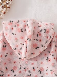 SHEIN 女嬰冬季連帽抓絨外套，拉鍊開合設計，寬鬆連帽版型，保暖百搭 Diptsy 花卉印花毛茸茸外衣 - 粉色 - 查看 5