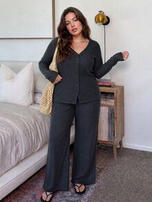 Dazy Plus 2pcs/Set Minimalist Casual Solid Color Thickened Autumn/Winter New Long Pants Home Wear Pajama Set - Dark Grey - View 5