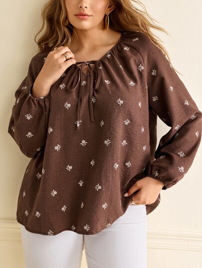 Écloséra Curve Plus Size Women's French Elegant Vintage Brown Polka Dot Ruffle Collar Blouse, Puff Long Sleeve With Elastic Cuffs, Commuter Style Top