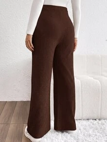 SHEIN 純色前綁帶簡約休閒孕婦長褲 秋季 - 咖啡棕 - 查看 2