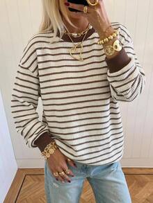SHEIN EZwear Áo nỉ dài tay nữ phong cách tối giản phối màu khối kẻ sọc thường ngày - Nhiều màu - Xem 1