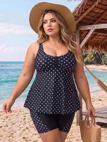 SHEIN CURVE+ Plus Size Women's Summer Beach Polka Dot Tankini And Tankini Bottom Two-Piece Swimsuit Set - Black - View 1