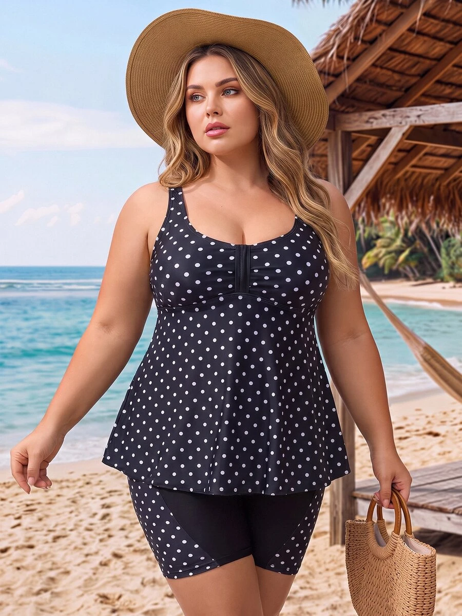 SHEIN CURVE+ Plus Size Women's Summer Beach Polka Dot Tankini And Tankini Bottom Two-Piece Swimsuit Set - Black - View 1