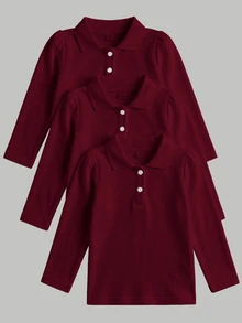 Elladie kids 女童白色3件組長袖 Polo 衫，精緻愛心鈕扣，長袖 T 恤，基本純色修身 T 恤，適合返校季 - 酒紅色 - 查看 1