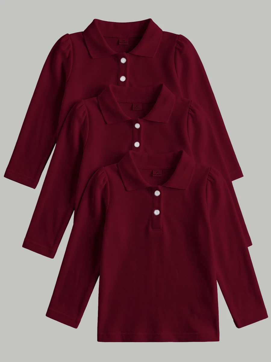 Elladie kids 女童白色3件組長袖 Polo 衫,精緻愛心鈕扣,長袖 T 恤,基本純色修身 T 恤,適合返校季 - 酒紅色 - 查看 1