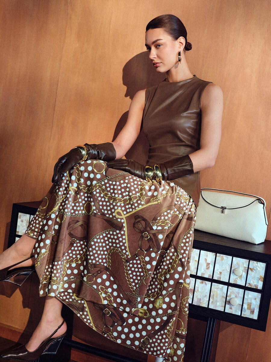MOTF PREMIUM WOMEN'S PATCHWORK POLKA DOT CHAIN PATTERN 2 IN 1 SLEEVELESS DRESS - Coffee Brown - View 1