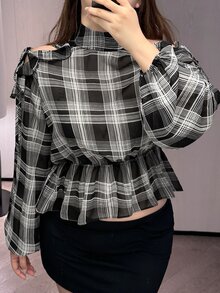 Dazy Plus Early Autumn New Korean Style Plaid Collar Tie Waist Cold Shoulder Blouse - Black - View 1