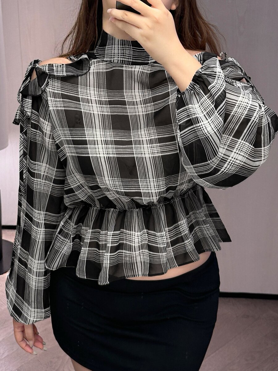 Dazy Plus Early Autumn New Korean Style Plaid Collar Tie Waist Cold Shoulder Blouse - Black - View 1