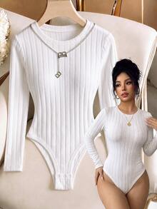 SHEIN LUNE Women Round Neck Ribbed Long Sleeve Bodysuit Slim Stretch Basic Daily Top - Apricot - View 5