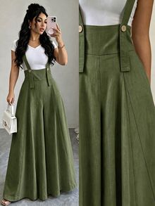 GlowEve Women's Autumn Solid Color Button Design Wide Leg Loose Overalls Jumpsuit - Army Green - View 1