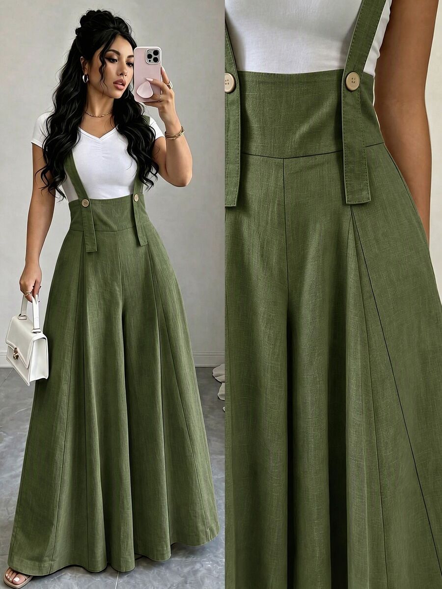 GlowEve Women's Autumn Solid Color Button Design Wide Leg Loose Overalls Jumpsuit - Army Green - View 1