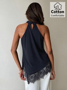 Aloruh Women's Lace Patchwork Asymmetrical Hem Top - Navy Blue - View 2