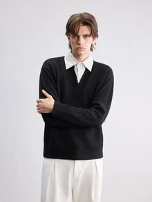 RONVEXI 男士拼接領假兩件式長袖套頭毛衣，休閒針織秋冬服飾，黑色寬鬆時尚通勤穿搭，百搭翻領套頭毛衣 - 黑色 - 查看 4