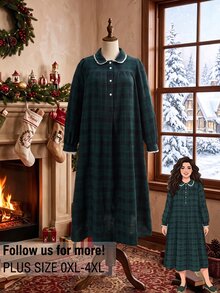 Rusticease Plus Size Colorblock Button Front Patchwork Collar Peter Pan Collar Long Sleeve Dress Elegant Formal Fall Winter 2026 - Multicolor - View 10