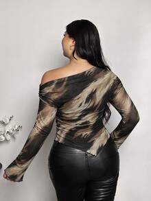 Firerie Plus Size Tie-Dye Asymmetrical Hem Asymmetrical Shoulder T-Shirt, Autumn/Winter - Multicolor - View 2