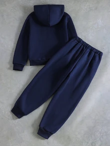 SHEIN 2件組男孩運動衫套裝，海軍藍與白色拼接，印花運動衫套裝，簡約時尚休閒，適合戶外與室內穿著 - 藍色 - 查看 2
