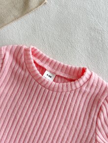 Setelan Bayi Perempuan 3 Potong Motif Hati Kotak-kotak Sherpa Fleece dengan Sabuk, Atasan Rajut Bergaris & Legging, Pakaian Hangat Musim Gugur dan Musim Dingin - Berwarna merah muda - View 6