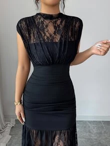 SHEIN PETITE Women's Contrast Lace Cap Sleeve Fitted Elegant Dress - Black - View 4