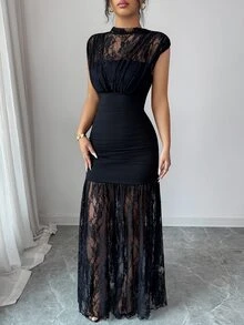 SHEIN PETITE Women's Contrast Lace Cap Sleeve Fitted Elegant Dress - Black - View 6