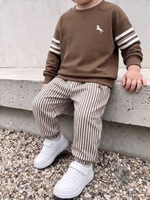 秋冬男童幼兒2件套運動休閒服，拼色條紋小馬印花上衣搭配直條紋慢跑長褲，帥氣可愛街頭風休閒套裝 - 卡其色 - 查看 1