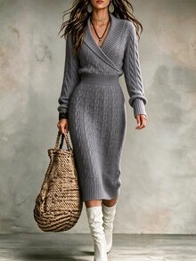 SHEIN Women Fall Winter Shawl Collar Cable Knit Dress Surplice V-Neck Long Sleeve Bodycon Midi Dress - Dark Grey - View 4