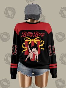 Betty Boop x SHEIN 女款卡通印花撞色長袖運動衫 - 白色 - 查看 1