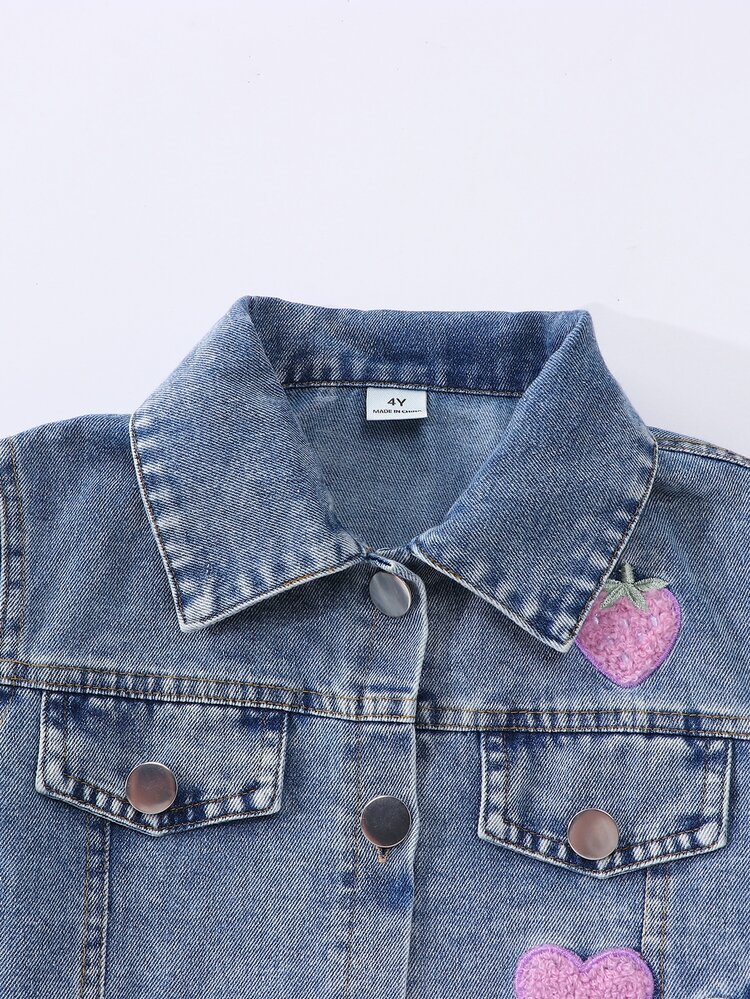 SHEIN Autumn/Winter Girls' Fashion Hot-Selling Fresh Heart & Strawberry Embroidered Pink-Purple Colorway Sweet Fashion Light Blue Washed Denim 2 Pieces Set: Short Denim Jacket + Loose Straight Wide-Leg Denim Pants, Suitable For Daily Wear And Gatherings - Blue - View 4