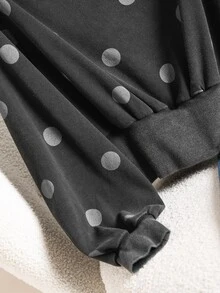 Story & Sage Women's Korean Style Polka Dot Print Asymmetrical Shoulder Ruffle Sweatshirt - Black - View 4