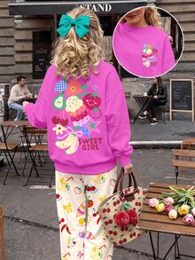 Tween Girl Round Neck Cartoon Graphic Sweatshirt & Straight Leg Pants 2 Pieces Set - Multicolor - View 1