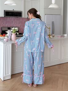 Slumberry CURVE Sweet Hot Girl Contrast Color Striped Bow Puff Wrinkle Plus Size Pajama Set - Blue - View 4