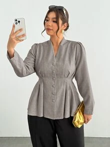 Firerie Slimming Pleated-Waist Shirt / Elegant Plus-Size Long-Sleeve Grey Workwear Top / Button-Front / Blazer-Style - Grey - View 3