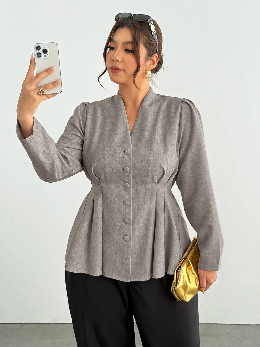 Firerie Slimming Pleated-Waist Shirt / Elegant Plus-Size Long-Sleeve Grey Workwear Top / Button-Front / Blazer-Style - Grey - View 1