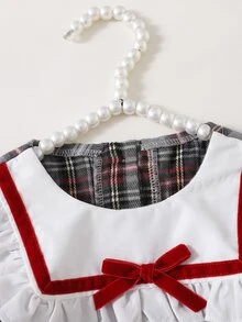 Souflis 1pc Toddler Girls Red Plaid Long Sleeve Doll Dress, Elegant Party Outfit, Holiday Clothing, 6 Months - 3 Years, Autumn Dress - Red and White - View 7
