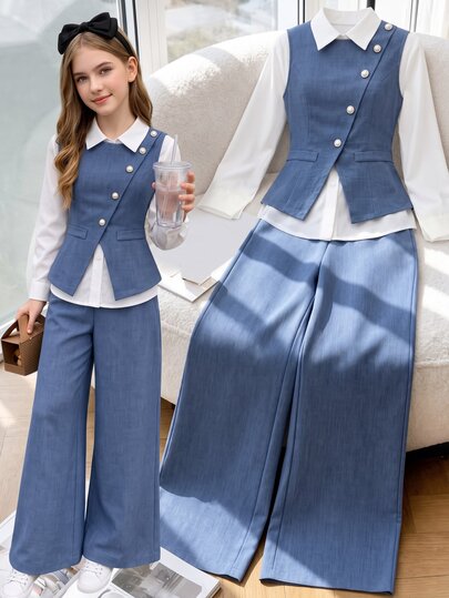 SHEIN Three Pieces Women's Light Blue And White Shirt Set With A Blue Vest For Commuting. Party Gifts Holiday Yellow Fall Cute Junior Casual