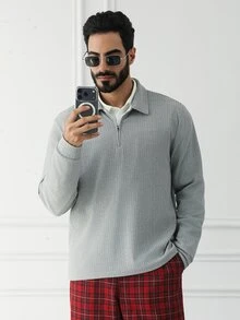 HUEFORM 男士灰色 Polo 衫，修身拉鍊款，老錢風條紋抓絨面料，秋冬款 - 灰色 - 查看 1